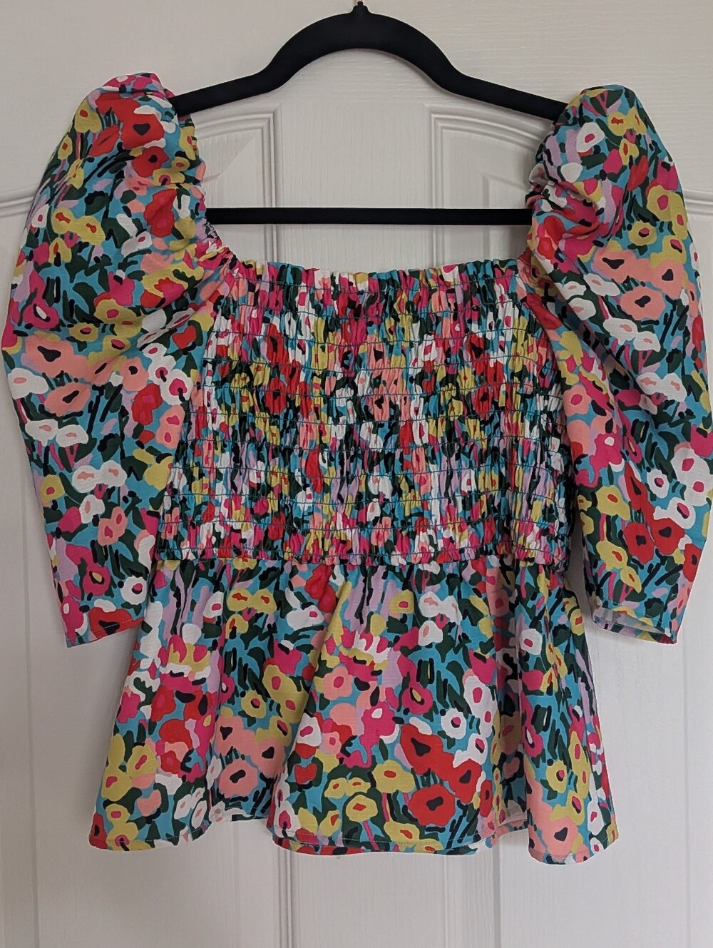 Crosby by Molly Burch Floral Smocked Puff Sleeve Peplum Blouse XS